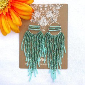 Turquoise Hand Beaded Fringe Earrings Dangle Dusters Silver Hoops Bohemian Fall
